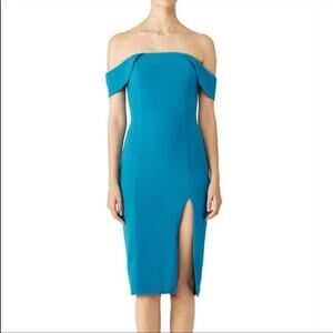 JAYGODFREY blue off shoulder dress midi side slit body con